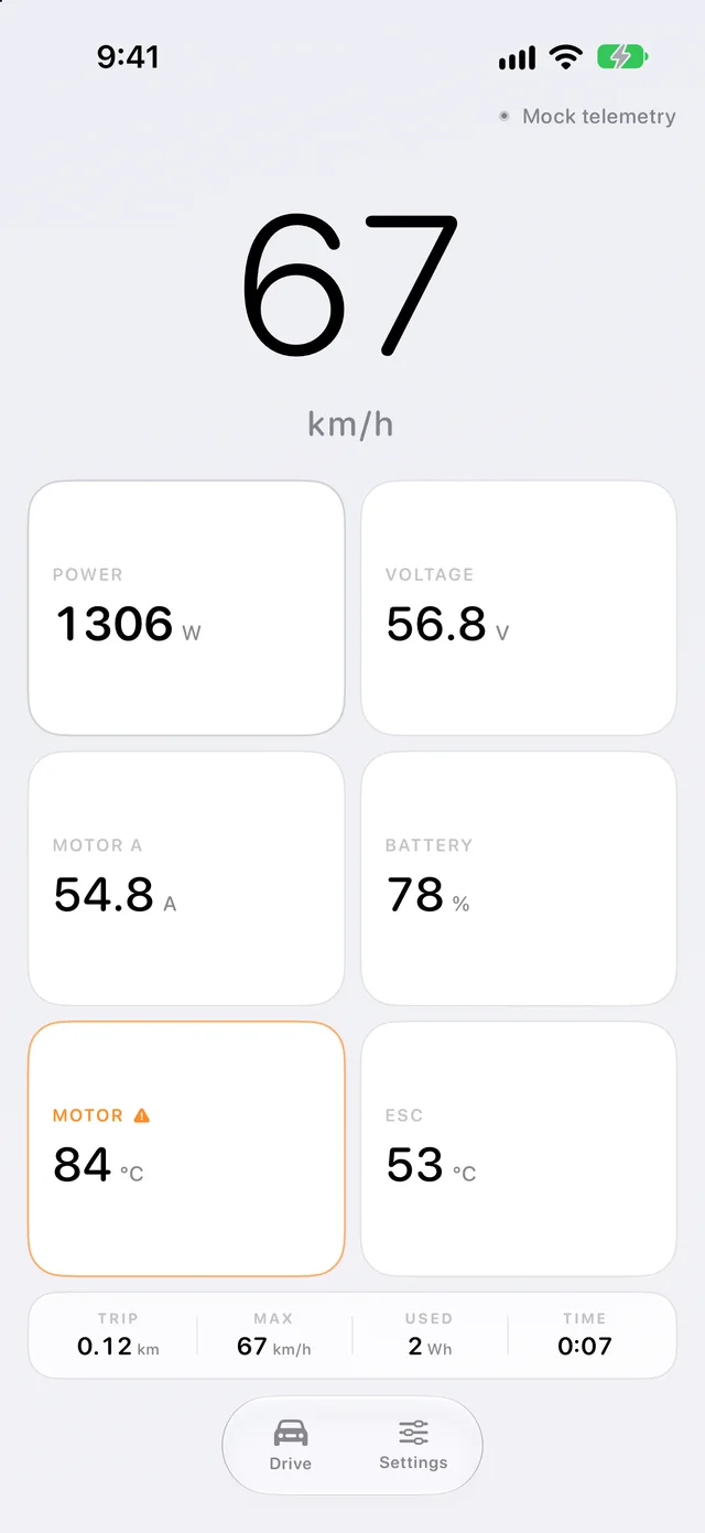 Freak Speedometer on the iPhone: 67 km/h, with power, voltage, motor current, battery and temperatures below